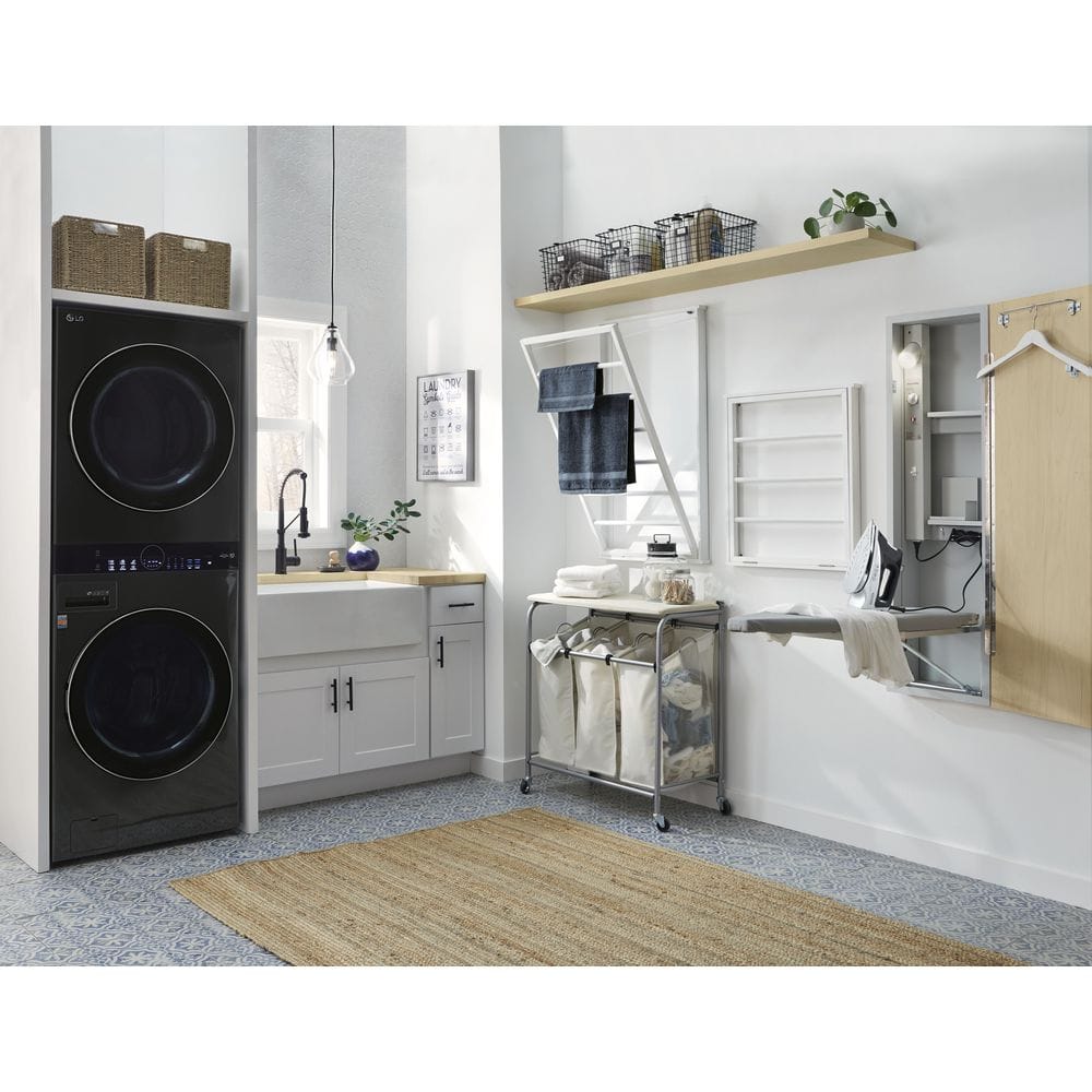 Natural Triple Laundry Sorter with Ironing Board and Locking Wheels