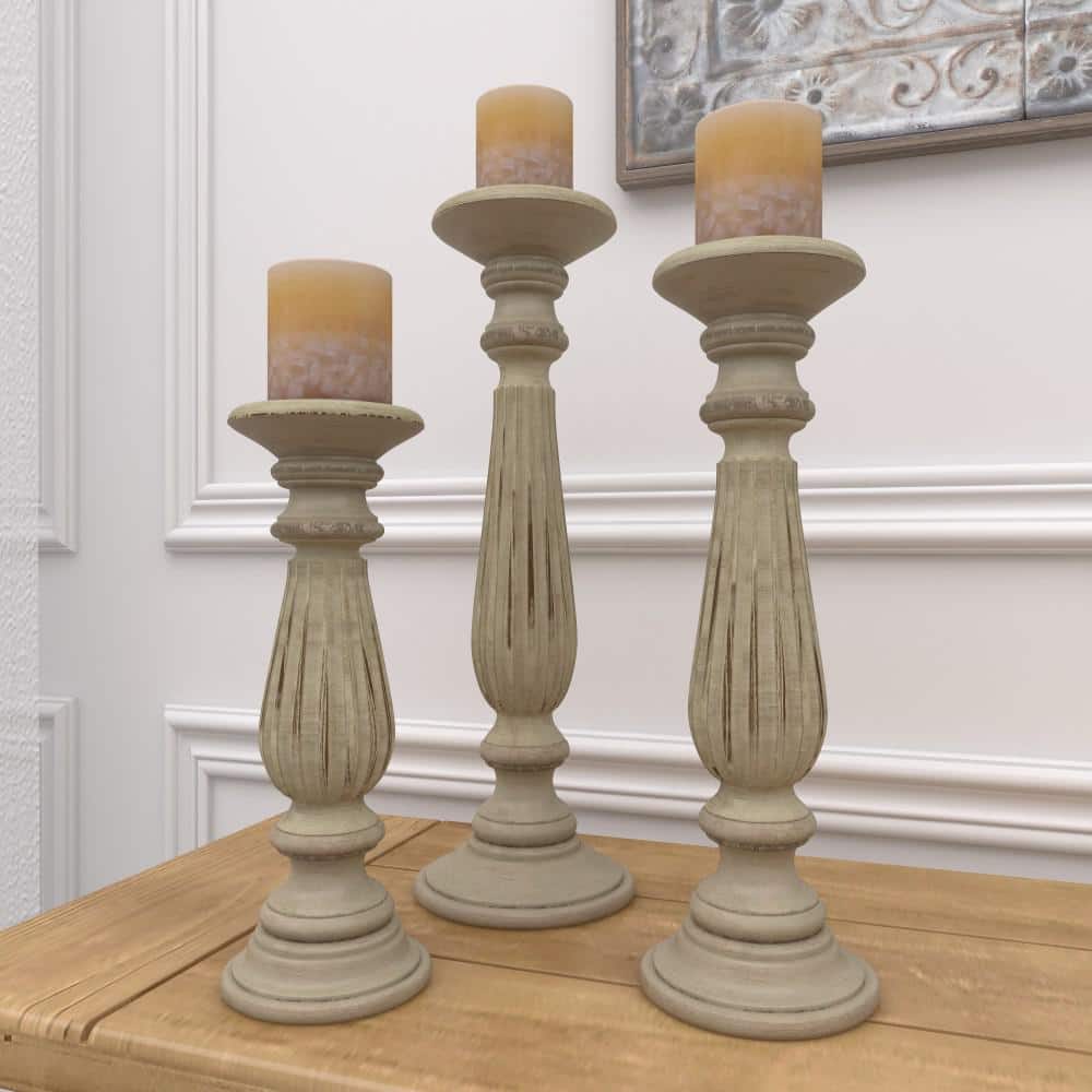 Elegant Mango Wood Teardrop Pillar Candlestick Trio, 18" Brown