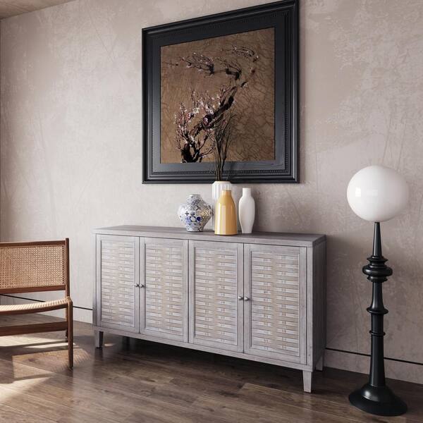 FUNKOL 59.84 in. x 15.75 in. x 31.5 in. MDF Freestanding Ready to Assemble Base Storage Cabinet in Natural Wood with 4Doors