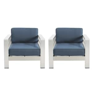 Miller Silver Aluminum Outdoor Lounge Chair with Blue Cushions (2-Pack)