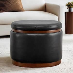 Tiberius Black Leather Modern Round Storage Ottoman with Solid Wood Frame for Living Room and Bed Room