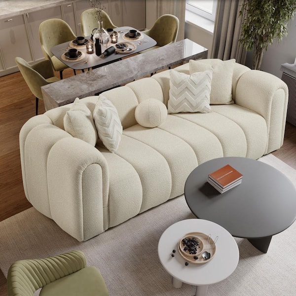 Ashcroft Furniture Co Cleveland 92.5 in. Round Arm Boucle Fabric Rectangle Luxury Sofa in. Ivory