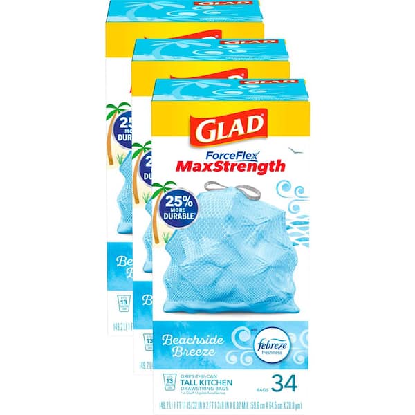 Glad ForceFlex MaxStrength 13 Gal. Tall Kitchen Drawstring Beachside Breeze Scent Febreze Blue Trash Bags, 34-Ct (3-Pack)