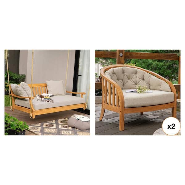 Cambridge Casual Teak Outdoor Swing Daybed with Oyster Cushion and Bernese Lounge Chair with Tan Cushion Combo