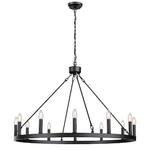 38 in. 12-Light Black Rustic Farmhouse Chandelier Candle Large Round Pendant Light for Kitchen Dining Room, Living Room