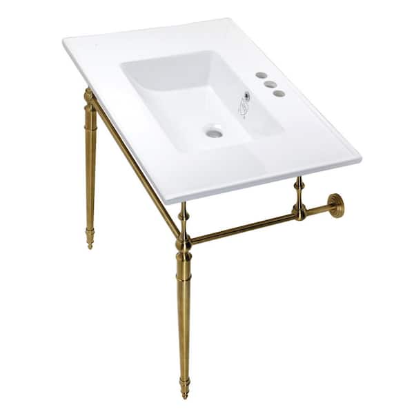 Edwardian 31 in. Ceramic Vanity Top with Brass Console Legs in Brushed Brass