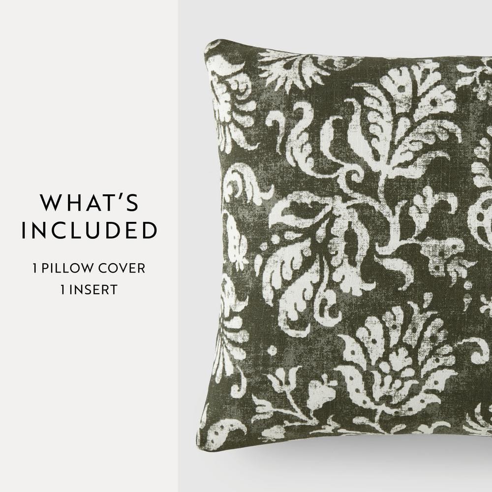 Olive Green Cotton Square Throw Pillow with Floral Pattern