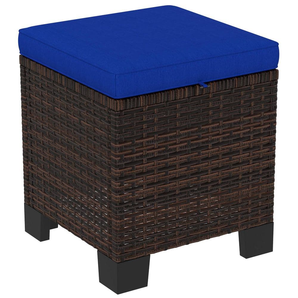 Blue Wicker Outdoor Ottoman Set of 2, Outdoor Footstools for Patio with Rem