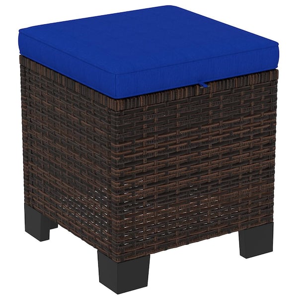 Outsunny Blue Wicker Outdoor Ottoman Set of 2, Outdoor Footstools for Patio with Removable Cushions 3-in-1 PE Rattan Ottoman Seat