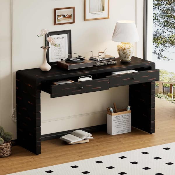 55 in. Distressed Black Rectangle Wood Console Table Entryway Table