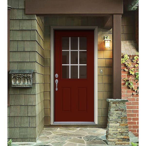 30 in. x 80 in. 9 Lite Mesa Red Painted Steel Prehung Right-Hand Inswing Entry Door w/Brickmould
