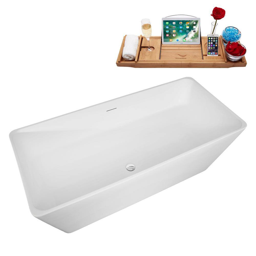 59" Glossy White Acrylic Freestanding Soaking Bathtub with Bamboo Tray