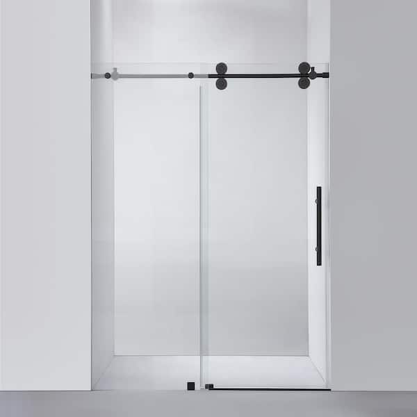 ROSWELL Villena 52 in. W x 78 in. H Single Sliding Frameless Shower Door in Matt Black with Clear Glass