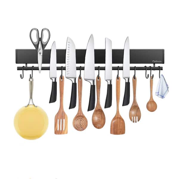 8-Knife 17 in. Stainless Steel Magnetic Knife Holder with 10 Hooks, Black Knife Magnetic Strip Magnetic Knife Bar