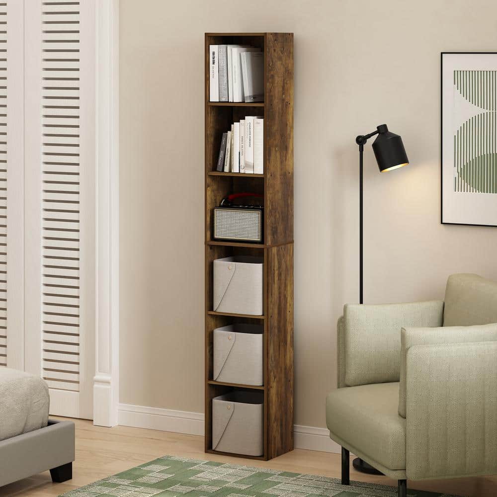 Amber Pine Tall Slim 6-Tier Wood Bookcase