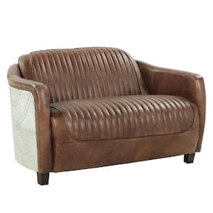 Brancaster 50 in. Aluminum and Retro Brown Leather 2-Seat Loveseat