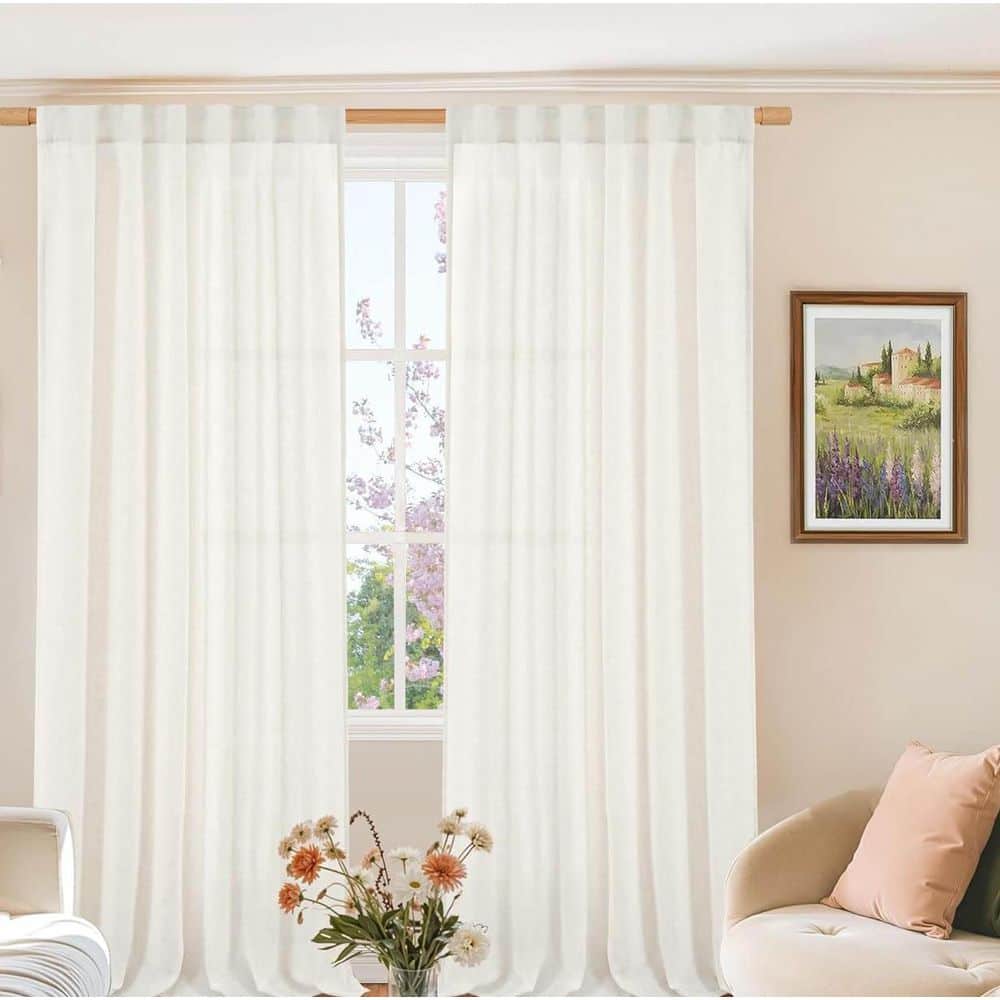 Ivory Polyester Back Tab Semi Sheer Curtains for Windows 52 in. x