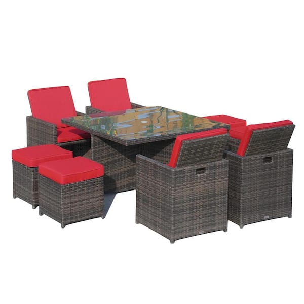 DIRECT WICKER Option Brown 9 of Piece Wicker Square Outdoor Dining Set with Red Cushions