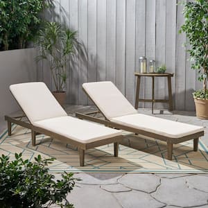 Nadine Grey 2-Piece Wood Outdoor Patio Chaise Lounge with Cream Cushions