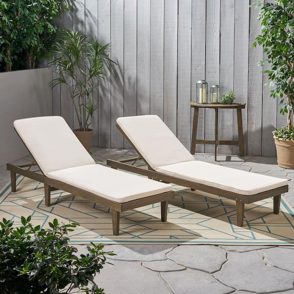 Noble House Nadine Grey 2-Piece Wood Outdoor Patio Chaise Lounge with Cream Cushions