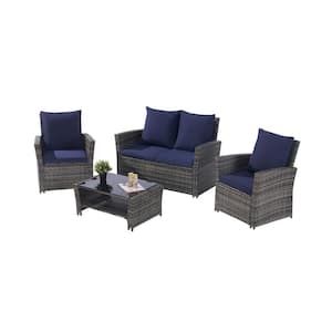 4 Pieces Outdoor Patio Furniture Sets Garden Rattan Chair Wicker Set, Poolside Lawn Chairs with Dark Blue Cushions