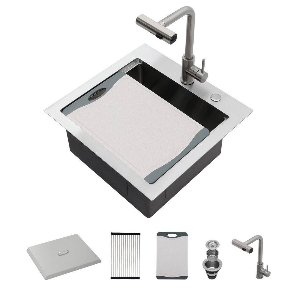 21 in. x 20 in.Topmount Single Bowl 16-Gauge Stainless Steel Drop-In Workstation Bar Sink with Cover Board and Faucet price history on PriceWatchPro
