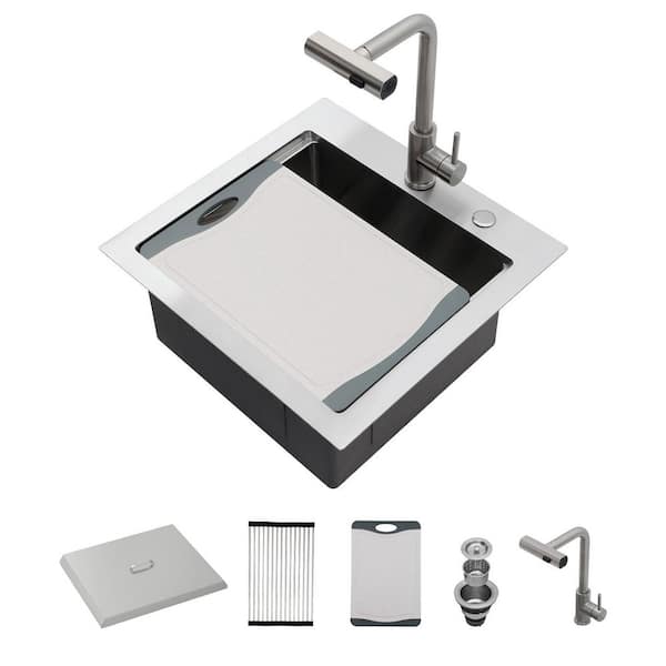 LORDEAR 21 in. x 20 in.Topmount Single Bowl 16-Gauge Stainless Steel Drop-In Workstation Bar Sink with Cover Board and Faucet