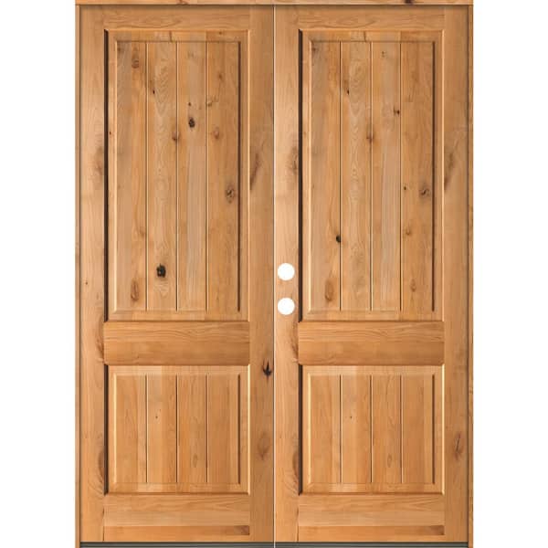 Krosswood Doors 72 in. x 96 in. Rustic Knotty Alder Square Top Clear Stain /V-Groove Right-Hand Inswing Wood Double Prehung Front Door