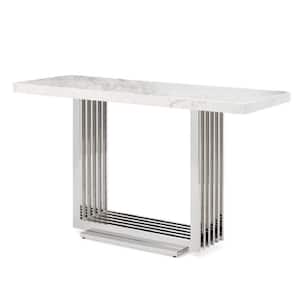 Silver and White Marble Top 16 in. Sideboard with Slatted Metal Base