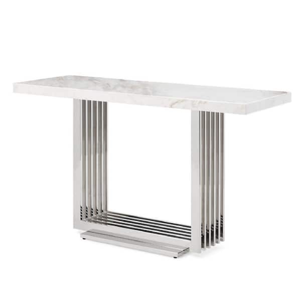 Benjara Silver and White Marble Top 16 in. Sideboard with Slatted Metal Base