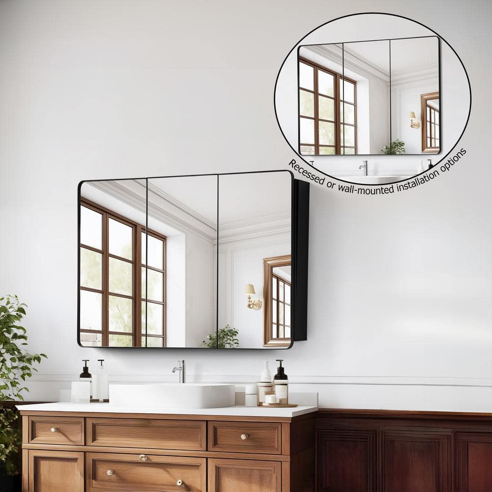Matte Black Aluminum 3-Door Medicine Cabinet with Adjustable Glass Shelves