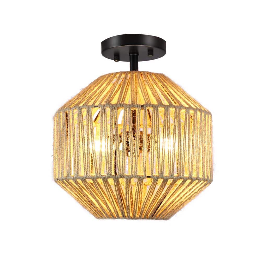 11 in. 2-Light Yellow Boho Rattan Semi-Flush Mount With Woven Shade and No Bulbs Included price history on PriceWatchPro