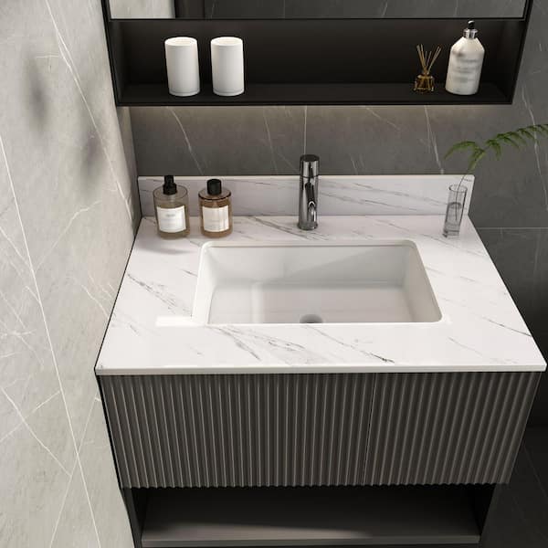 31 in. W x 22 in. D Engineered Stone White Rectangular Single Sink Bathroom Vanity Top in White