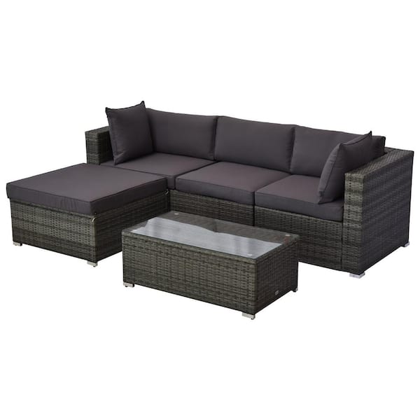 FORCLOVER 5-Piece Wicker Outdoor Patio Couch Sectional Set with Charcoal Gray Cushions