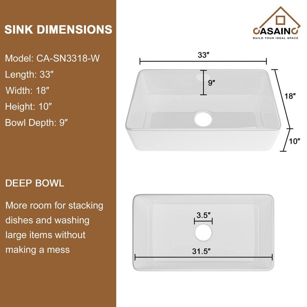 Glossy White Fireclay Single Bowl Farmhouse Kitchen Sink with Accessories