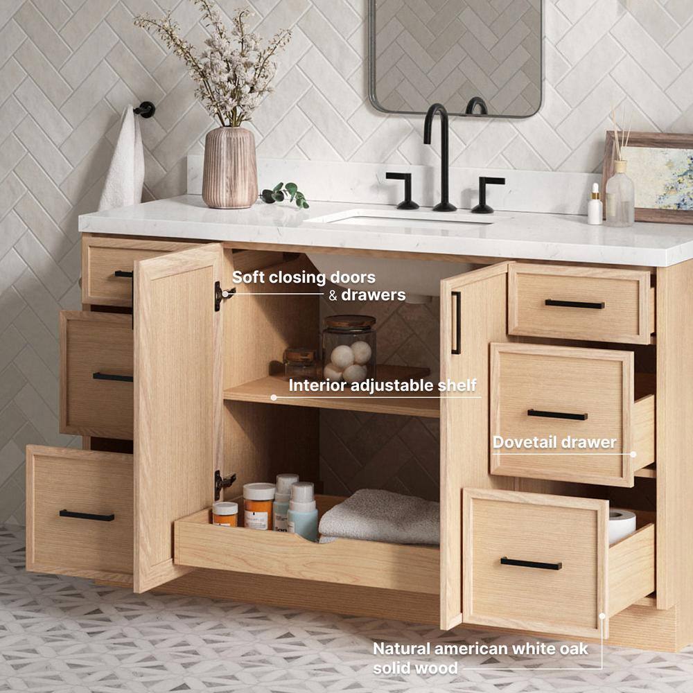 Kelly 60" White Oak Freestanding Bathroom Vanity Cabinet with Black Handles