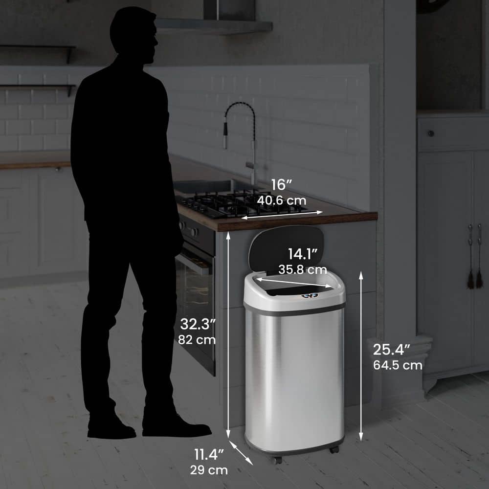 13 Gallon Silver Stainless Steel Touchless Trash Can with Wheels