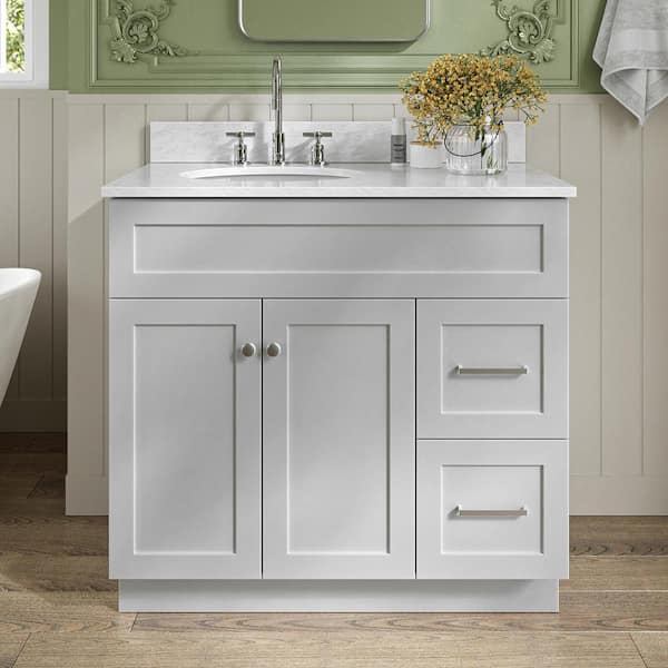 ARIEL Hamlet 36 in. Single Sink Freestanding Bathroom Vanity in Gray with 0.75" Carrara White Marble Top