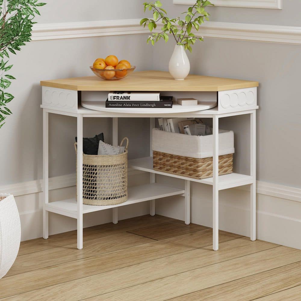 31.5 in. Corner White & Natural Writing Desk with 2 Open Shelves, Hidden Swivel Tray, Computer Desk with Metal Legs
