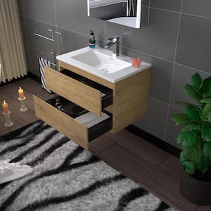 NJ 29.5 in. W x 19. in. D x 20.63 in. H Single Sink Floating Bath Vanity in Natural Oak with White Resin Top