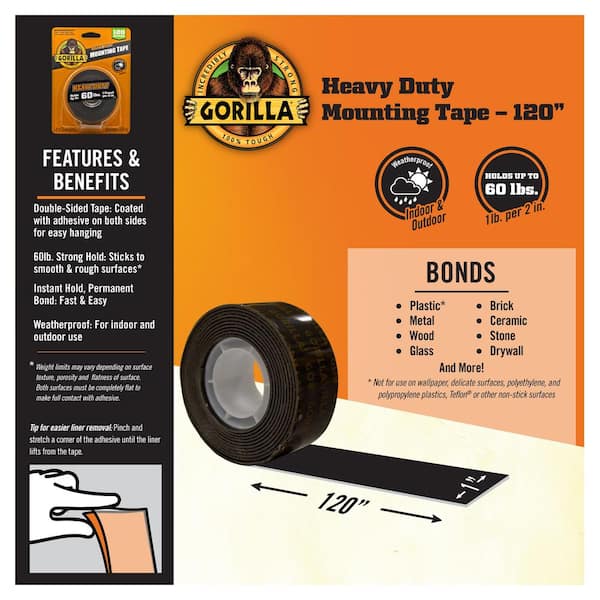 Gorilla in. x 10ft. Black Heavy Duty Mounting Double Sided Tape (6-Pack)  102441 The Home Depot