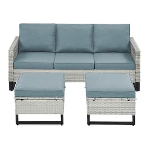 White 3-Piece U-shaped Foot Design Wicker Patio Sectional Set with BabyBlue Cushions