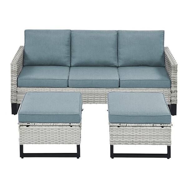 Pocassy White 3-Piece U-shaped Foot Design Wicker Patio Sectional Set with BabyBlue Cushions