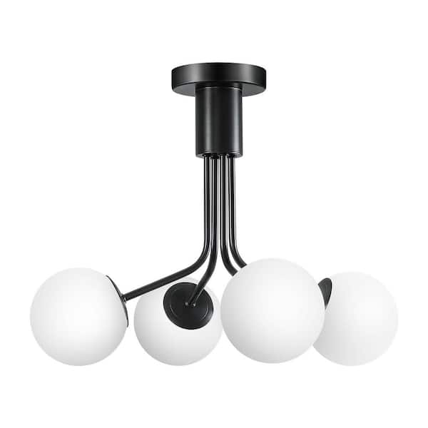 4 Lights Modern Mid-Century Ceiling Light Black Metal Sputnik Chandelier Dimmable With Glass Shade For Kitchen Island