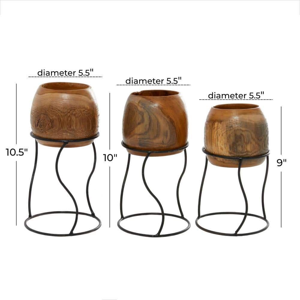 Rustic Teak Wood and Iron Planter Set with Wavy Stand, 3 Pieces