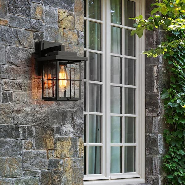 Farmhouse Outdoor Wall Light Modern Black Sconce 1-Light Exterior Porch Deck Wall Lantern with Clear Seeded Glass Shade