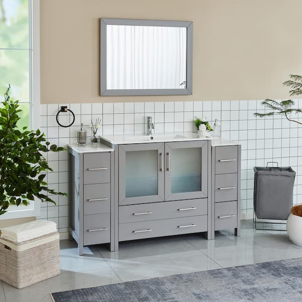 Brescia 60 in. W x 18 in. D x 36 in. H Bathroom Vanity in Grey with Single Basin Vanity Top in White Ceramic and Mirror