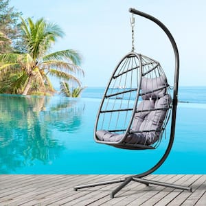 78 in. Black Wicker Aluminum Patio Swing Chair with Grey Cushion and Stand