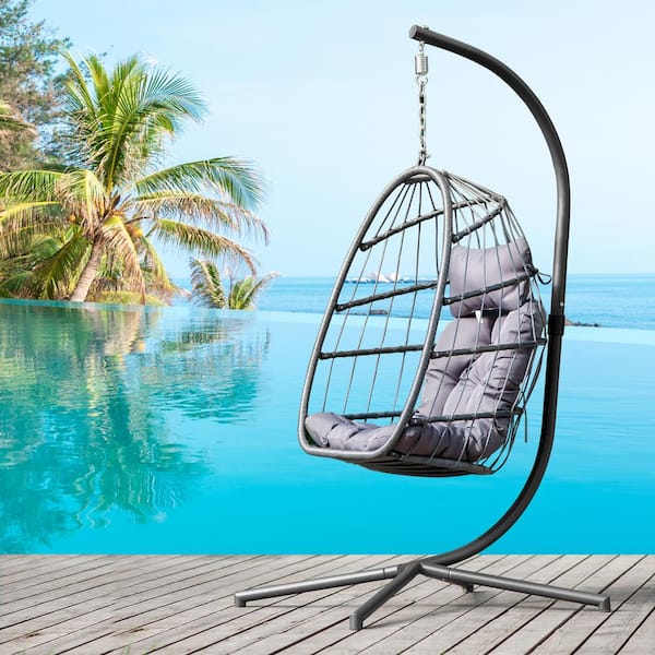 Harper & Bright Designs 78 in. Black Wicker Aluminum Patio Swing Chair with Grey Cushion and Stand