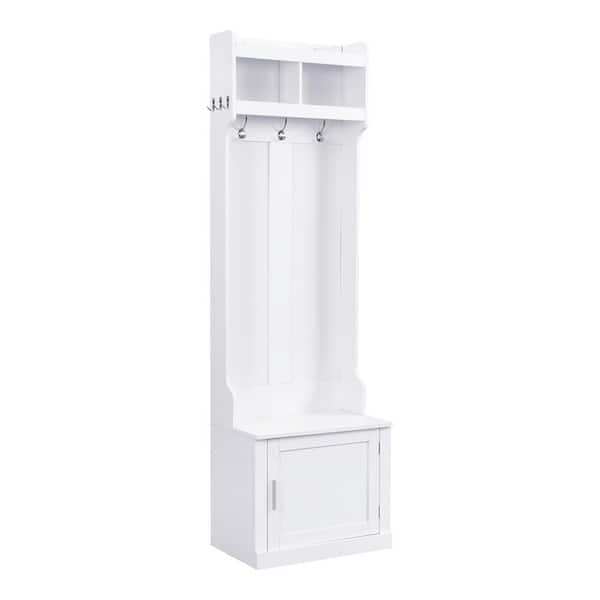 White Hall Tree with Cabinet, Storage Bench and Coat Rack with 6 Hooks